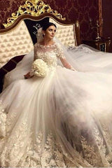 Stunning Royal Wedding Dresses Vintage Long Appliques Sleeved Arabic Bridal Gowns-Ballbella