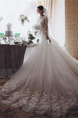Stunning Royal Wedding Dresses Vintage Long Appliques Sleeved Arabic Bridal Gowns-Ballbella