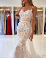 Stunning Spaghetti-Straps Mermaid Prom Dress Lace Appliques-Ballbella