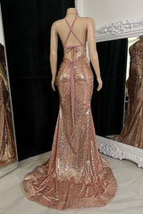 Stunning V-Neck Sleeveless Prom Dresses Mermaid Sequins With Split-Ballbella