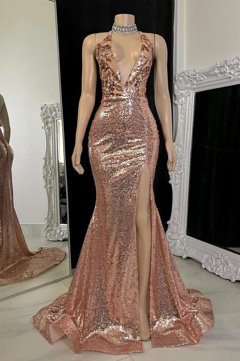 Stunning V-Neck Sleeveless Prom Dresses Mermaid Sequins With Split Stunning V-Neck Sleeveless Prom Dresses Mermaid Sequins With Split