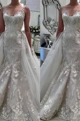 Stunning V Neck Sleeveless Ruffless Lace Appliques Wedding Bridal Gowns-Ballbella