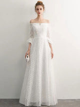 Stunning White Evening Dresses Long Off Shoulder Long Sleeve Maxi Formal Evening Gowns-Ballbella