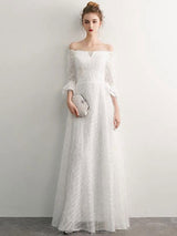 Stunning White Evening Dresses Long Off Shoulder Long Sleeve Maxi Formal Evening Gowns-Ballbella