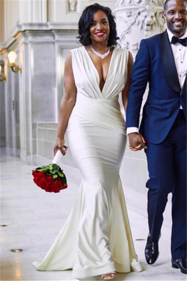 deep v neck mermaid wedding dress June Bridals Sexy V-neck Mermaid Satin Wedding Gown With Train And Deep V-back
