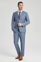 Superior Blue Stripes Light Blue Business Mens Suits-Ballbella