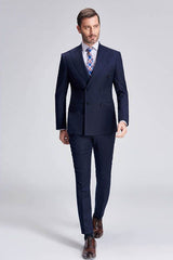 Superior Peak Lapel Double Breasted Mens Suits Pinstripe Dark Navy Suits for Men Formal-Ballbella