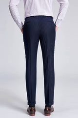 Superior Peak Lapel Double Breasted Mens Suits Pinstripe Dark Navy Suits for Men Formal-Ballbella