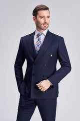 Superior Peak Lapel Double Breasted Mens Suits Pinstripe Dark Navy Suits for Men Formal-Ballbella