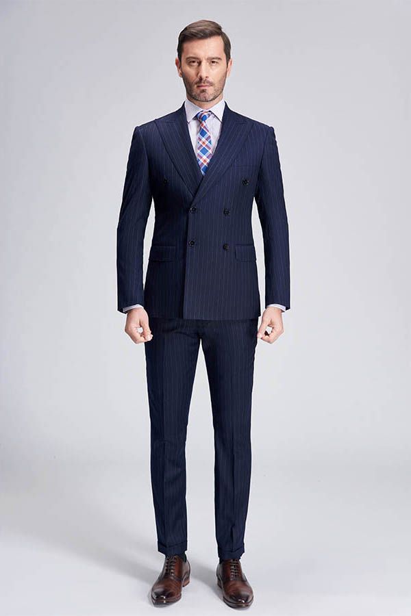 Superior Peak Lapel Double Breasted Mens Suits Pinstripe Dark Navy