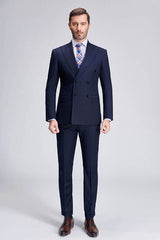 Superior Peak Lapel Double Breasted Mens Suits Pinstripe Dark Navy Suits for Men Formal-Ballbella