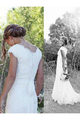 Sweep Train A Line Lace V neck Tulle Sleeveless Wedding Dresses-Ballbella