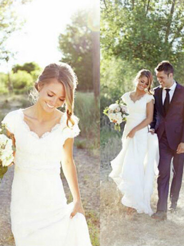A-Line V-Neck Sweep-Brush Train Tulle Sleeveless Wedding Dress