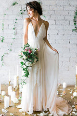 Sweep Train A Line Sleeveless Ruffless Chiffon Spaghetti Straps Wedding Dresses-Ballbella