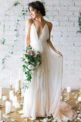 Sweep Train A Line Sleeveless Ruffless Chiffon Spaghetti Straps Wedding Dresses-Ballbella