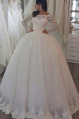 Sweep Train Applique Ball Gown Off the Shoulder Lace Long Sleevess Wedding Dresses-Ballbella