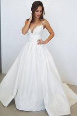 Sweep Train Ball Gown Sleeveless Ruched Satin Spaghetti Straps Wedding Dresses-Ballbella