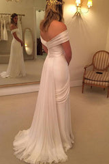 Sweep Train Chiffon A Line Ruffless Off the Shoulder Sleeveless Wedding Dresses-Ballbella