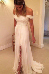 Sweep Train Chiffon A Line Ruffless Off the Shoulder Sleeveless Wedding Dresses-Ballbella