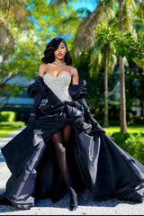 Sweetheart Ball Gown Black Puffy Silver Beaded Prom Dresses-Ballbella