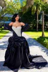Sweetheart Ball Gown Black Puffy Silver Beaded Prom Dresses-Ballbella