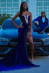 Sweetheart Chapel Train Mermaid Beads Front Side Prom Dress-Ballbella