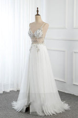 Sweetheart Crystal Prom Dresses Straps Spaghetti Tulle Evening Gown Split Side-Ballbella