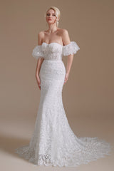 Sweetheart Detachable Bubble Sleeves Lace Mermaid Wedding Dress | Ballbella Design-Ballbella