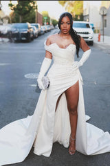 Sweetheart Ivory Beaded Ivory High Split Court Train Prom Dresses-Ballbella