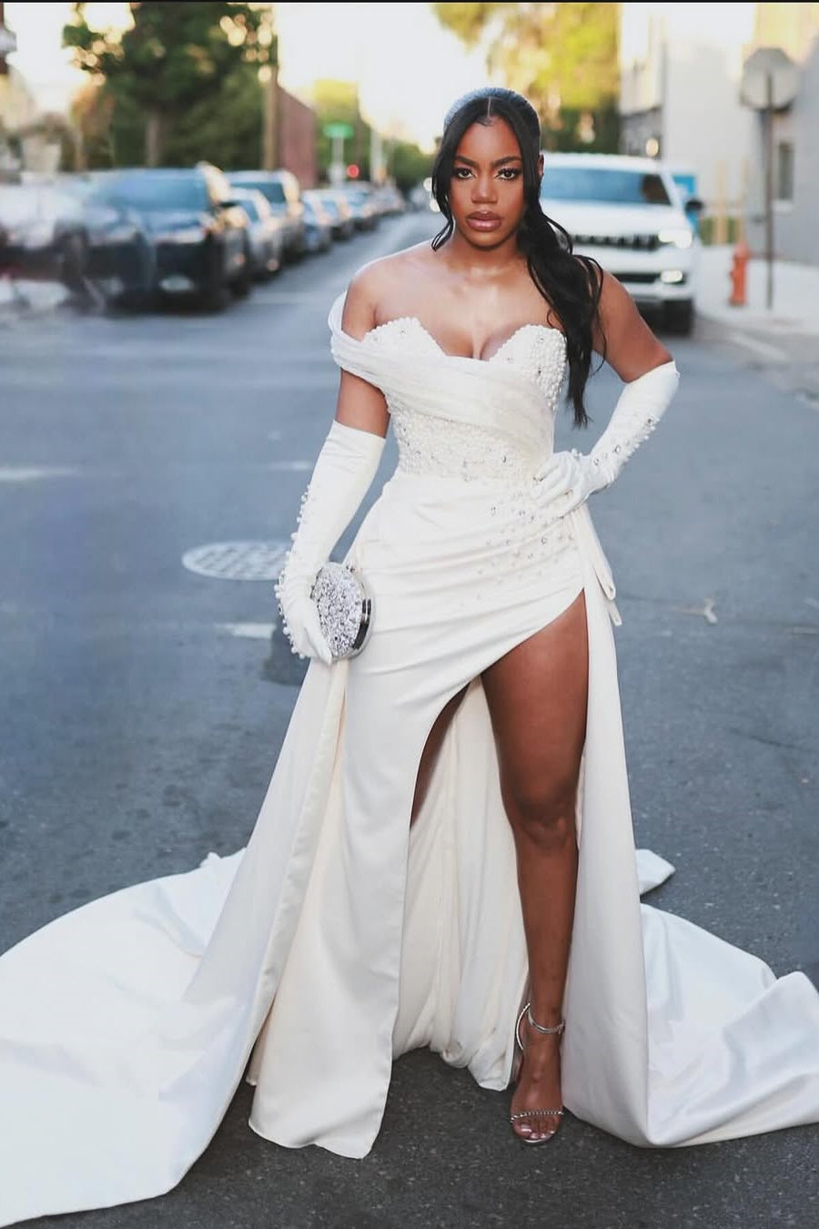 Sweetheart Ivory Beaded Ivory High Split Court Train Prom Dresses Sweetheart Ivory Beaded Ivory High Split Court Train Prom Dresses