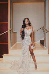 Sweetheart Ivory Mermaid High Split Court Train Sparkle Prom Dresses-Ballbella