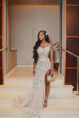 Sweetheart Ivory Mermaid High Split Court Train Sparkle Prom Dresses-Ballbella