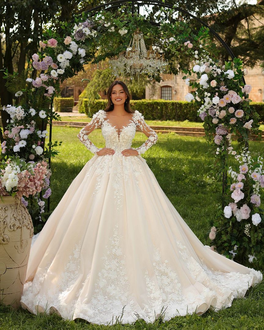 ivory princess wedding dress Sweetheart Long Long Sleeves Appliques Bridal Wear Long cinderella princess wedding dress