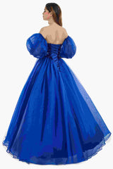 Sweetheart Royal Blue Bubble Sleeves Ball Gown Beaded Prom Dresses-Ballbella