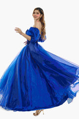 Sweetheart Royal Blue Bubble Sleeves Ball Gown Beaded Prom Dresses-Ballbella