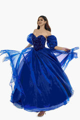 Sweetheart Royal Blue Bubble Sleeves Ball Gown Beaded Prom Dresses-Ballbella