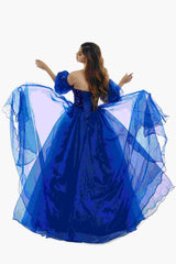 Sweetheart Royal Blue Bubble Sleeves Ball Gown Beaded Prom Dresses-Ballbella