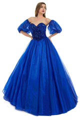 Sweetheart Royal Blue Bubble Sleeves Ball Gown Beaded Prom Dresses-Ballbella