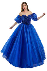 Sweetheart Royal Blue Bubble Sleeves Ball Gown Beaded Prom Dresses-Ballbella