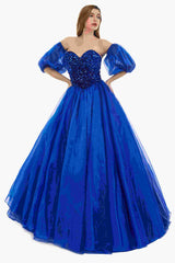 Sweetheart Royal Blue Bubble Sleeves Ball Gown Beaded Prom Dresses-Ballbella