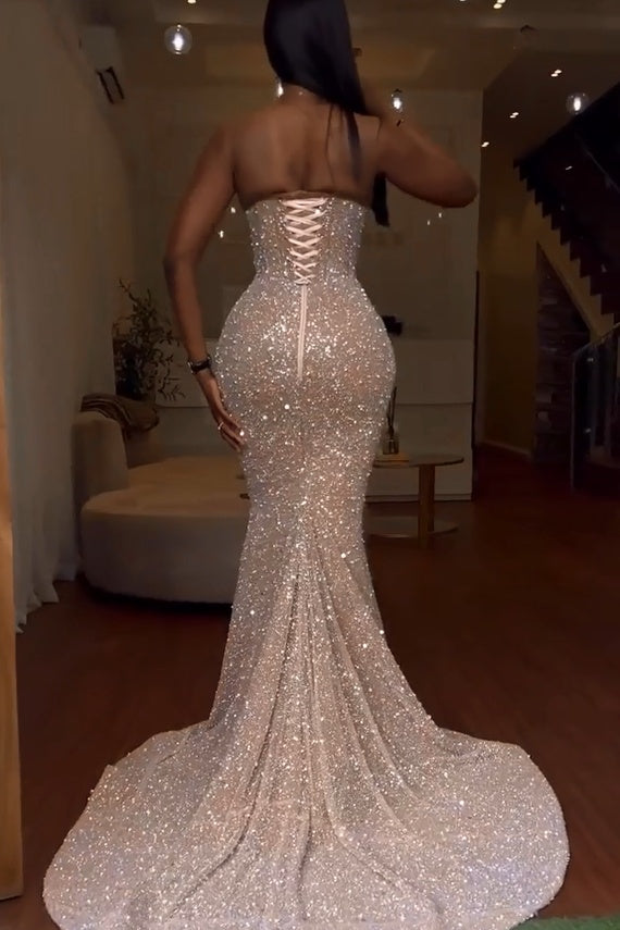 sequin backless prom dress Mermaid Spaghetti Straps Blue Sequins Lace Long Prom Dresses with Slit, Blue / 10