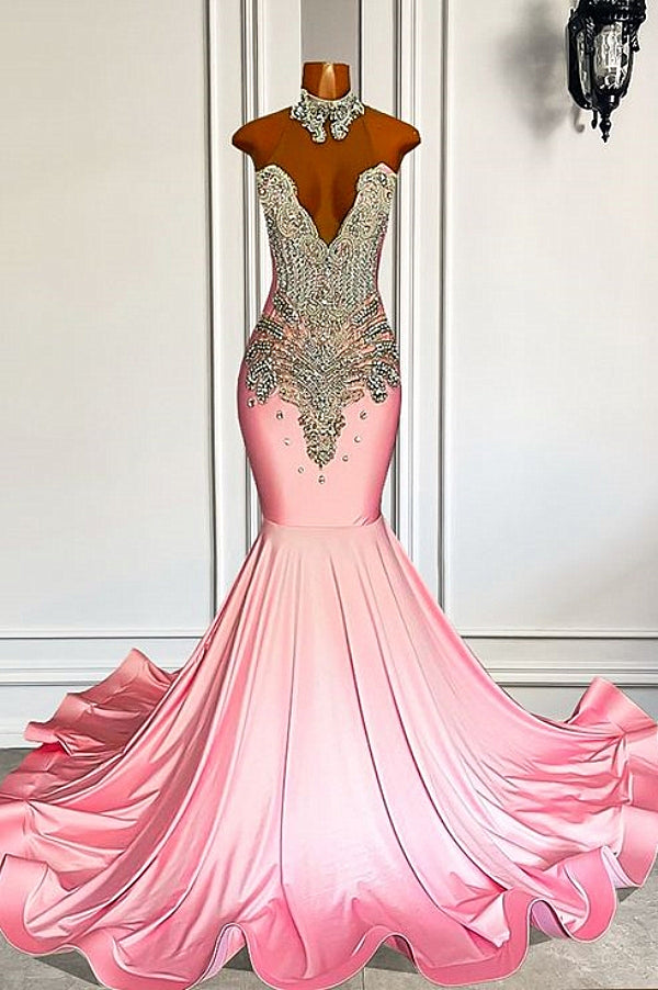 Elegant Pink Mermaid Court Train Prom Dresses wth Silver Beads