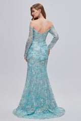 Sweetheart Strapless Lace Sequined Floor-length Long Sleeve Open Back Mermaid Prom Dress-Ballbella