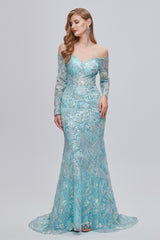 Sweetheart Strapless Lace Sequined Floor-length Long Sleeve Open Back Mermaid Prom Dress-Ballbella
