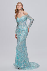 Sweetheart Strapless Lace Sequined Floor-length Long Sleeve Open Back Mermaid Prom Dress-Ballbella
