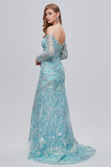Sweetheart Strapless Lace Sequined Floor-length Long Sleeve Open Back Mermaid Prom Dress-Ballbella