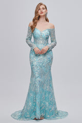 Sweetheart Strapless Lace Sequined Floor-length Long Sleeve Open Back Mermaid Prom Dress-Ballbella