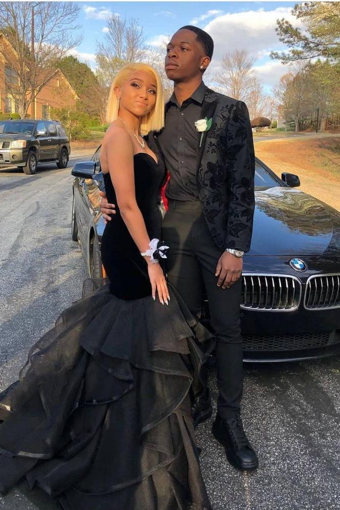 Sweetheart Strapless Ruffled Tulle Black Mermaid Prom Dresses Sweetheart Strapless Ruffled Tulle Black Mermaid Prom Dresses