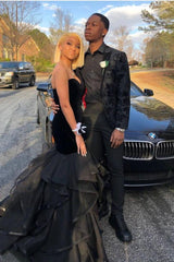 Sweetheart Strapless Ruffled Tulle Black Mermaid Prom Dresses-Ballbella