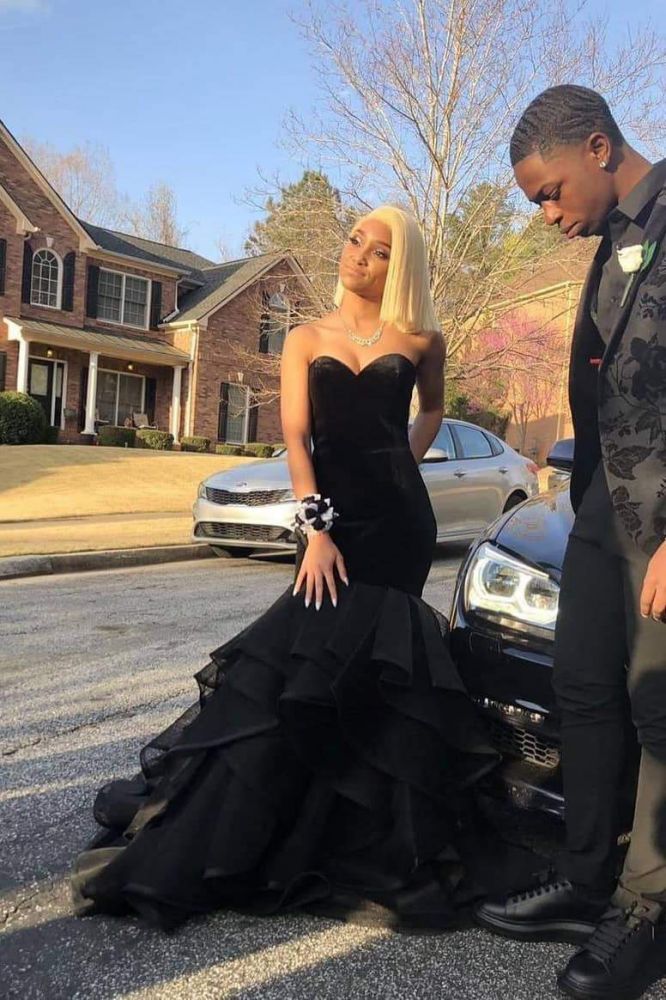 Sweetheart Strapless Ruffled Tulle Black Mermaid Prom Dresses Sweetheart Strapless Ruffled Tulle Black Mermaid Prom Dresses